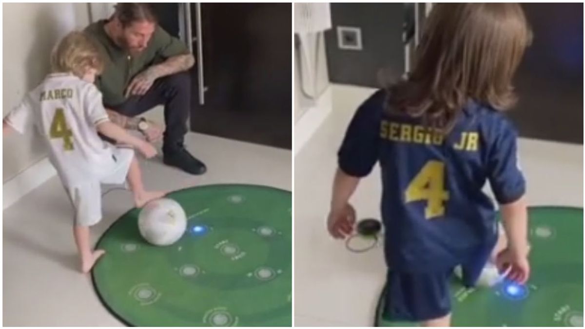 Sergio Ramos y sus hijos 'entrenando' en casa.