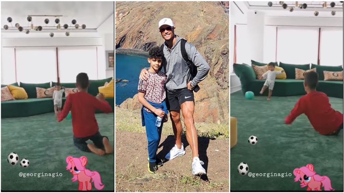 Cristiano jr enseña a su hermano Mateo a dar sus primeras patadas al balón