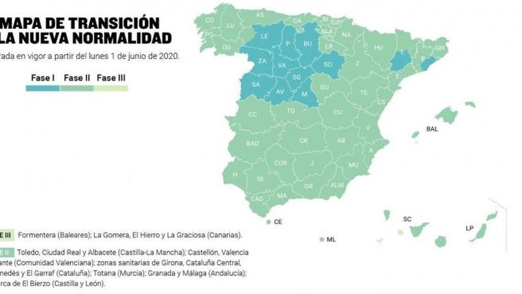Mapa de la desescalada: el 70% de los españoles pasan a fase 2 y cuatro islas a fase 3
