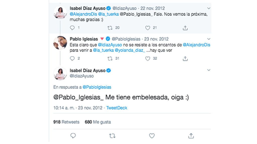 Conversación de Pablo Iglesias e Isabel Díaz Ayuso en Twitter