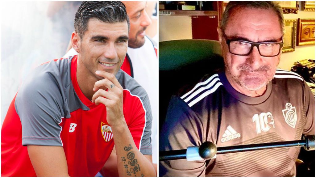 Reyes y Carlos Herrera, con la camiseta del Utrera. Reyes y Carlos Herrera, con la camiseta del Utrera.