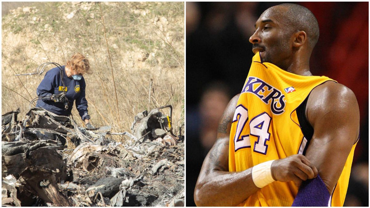 El lugar del accidente y Kobe Bryant, en un partido con los Lakers.
