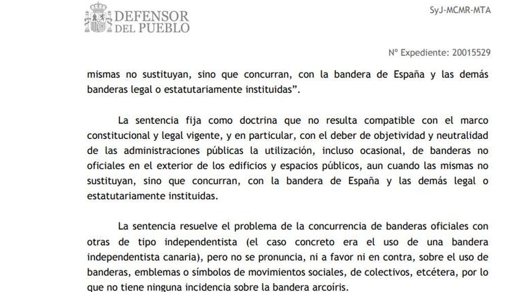 Extracto de la respuesta del Defensor del Pueblo Español