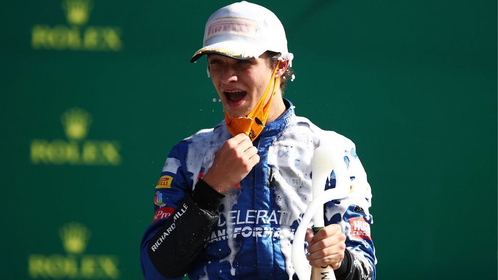 Lando Norris celebra su primer podio en Fórmula 1