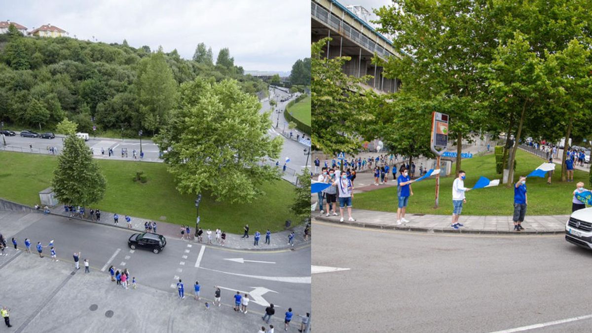 El apoyo de la afición del Oviedo guardando la distancia de seguridad: “Ejemplares” El apoyo de la afición del Oviedo guardando la distancia de seguridad: “Ejemplares”