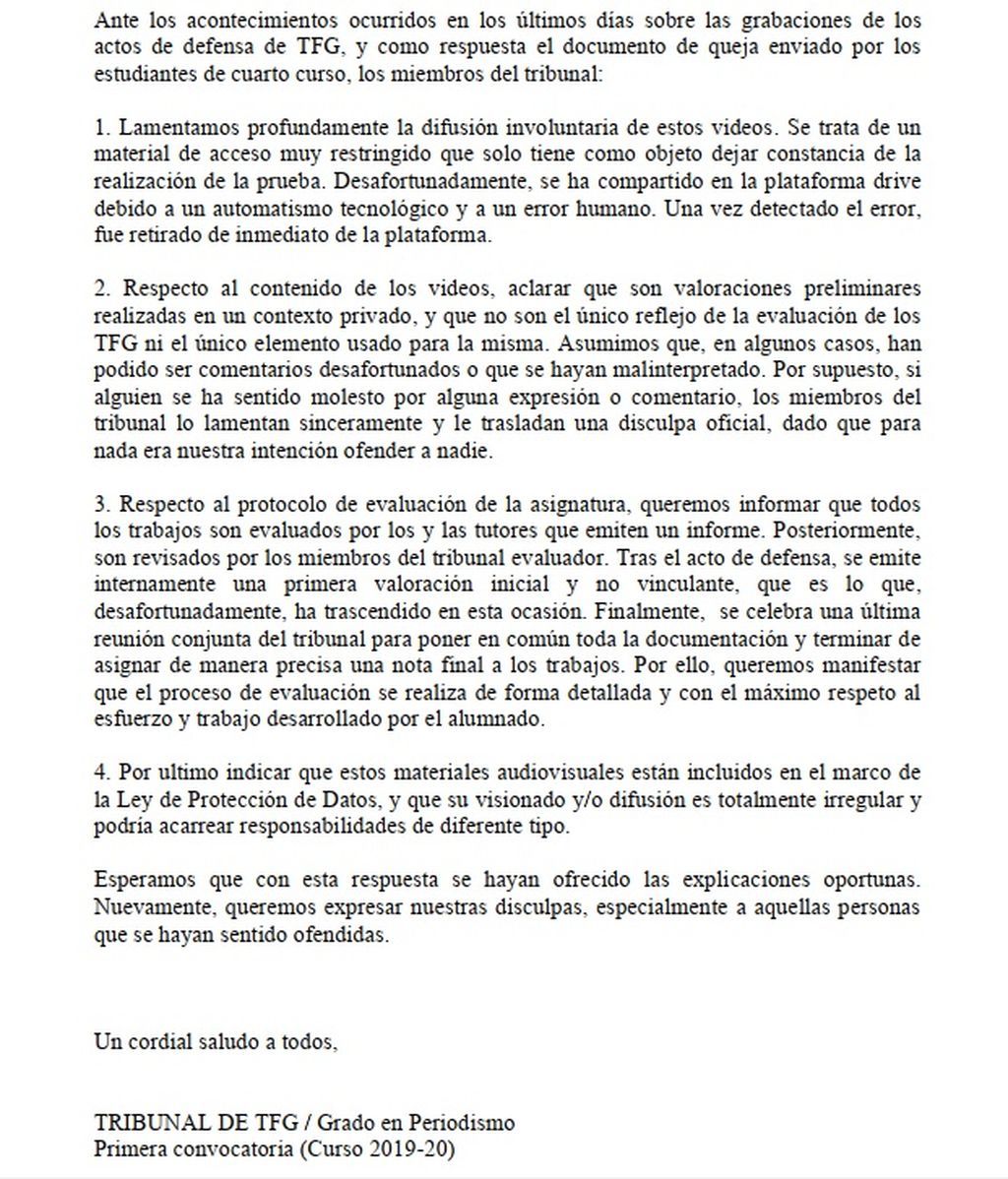 Respuesta de la UJI a los alumnos que presentaron su TFG ante el tribunal