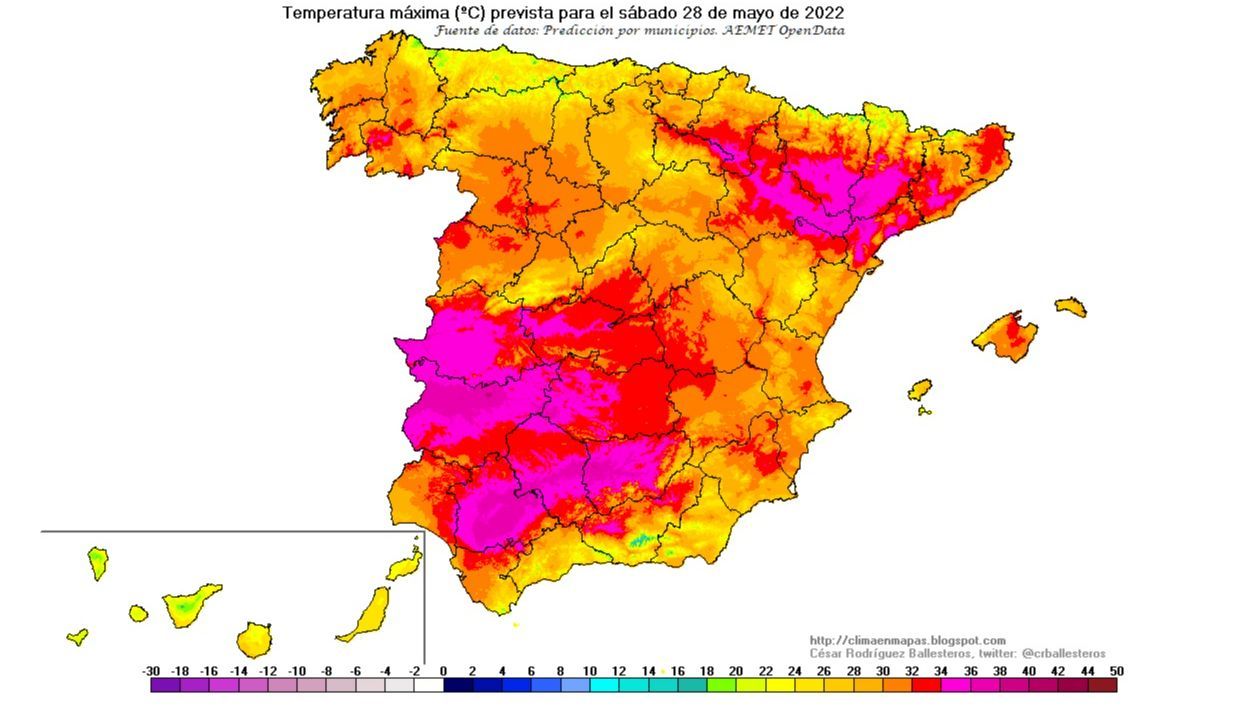 Temperaturas máximas previstas para el sábado 28