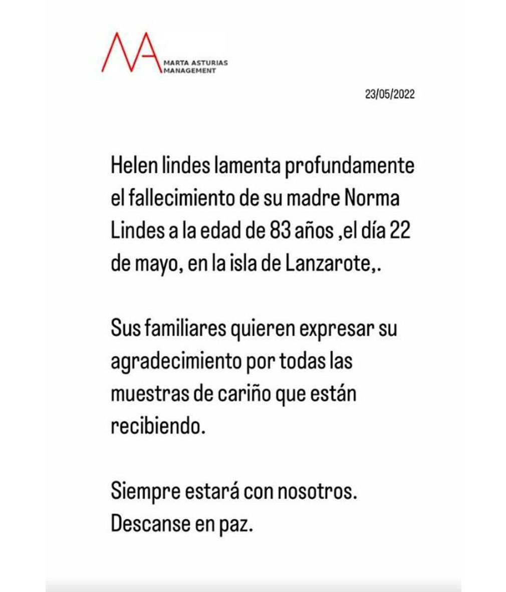 Muere la madre de Helen Lindes a los 83 años