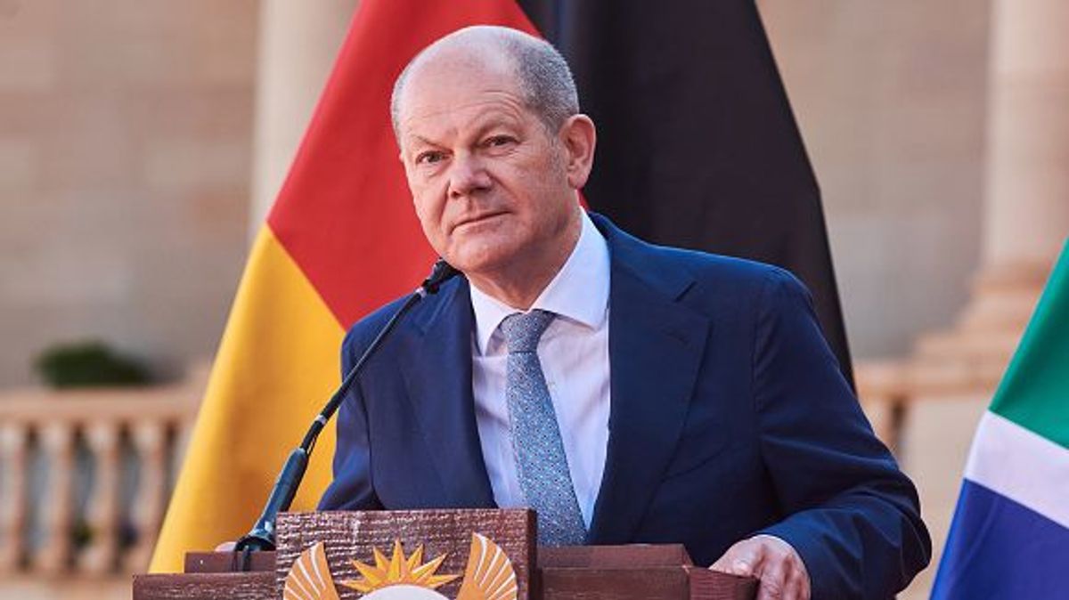 Olaf Scholz, Germany's chancellor, during a news conference with Cyril Ramaphosa, South Africa's president, at the Union Buildings in Pretoria, South Africa, on Tuesday, May 24, 2022. Scholz is visiting South Africa as part of his first African tour since becoming chancellor. Photographer: Waldo Swiegers/Bloomberg via Getty Images
