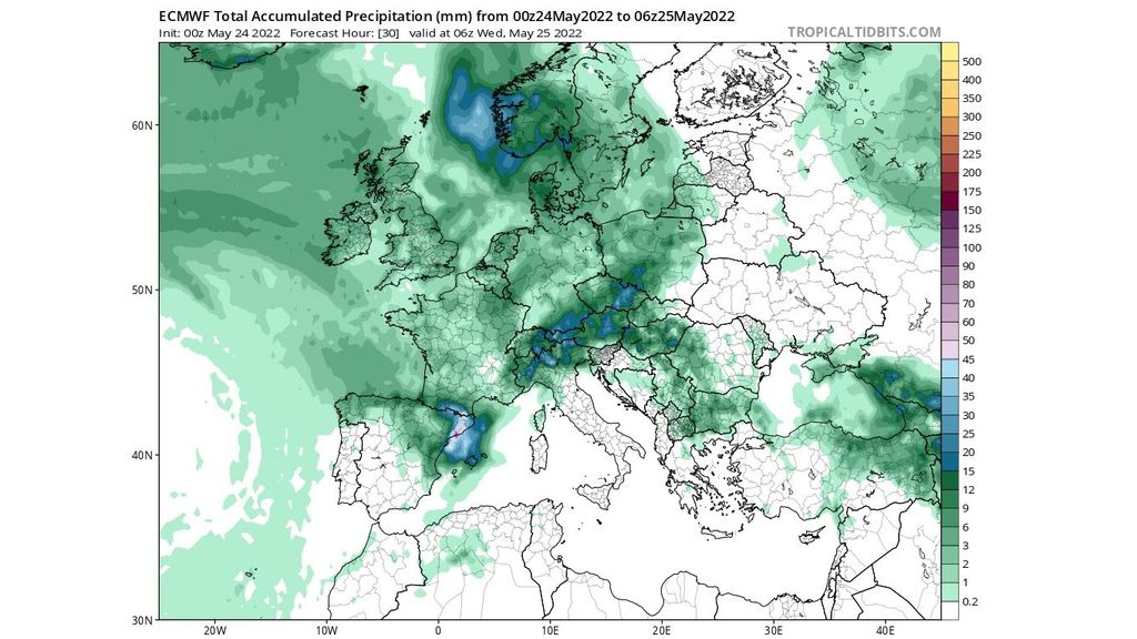 Precipitación prevista en las próximas horas por el modelo ECMWF