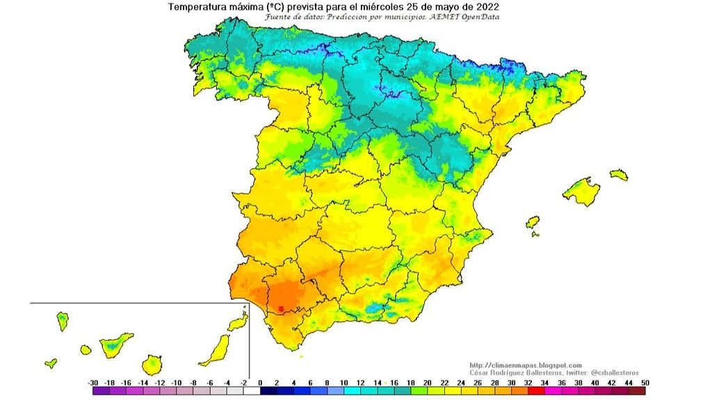 Temperaturas máximas previstas para el miércoles, 25 de mayo