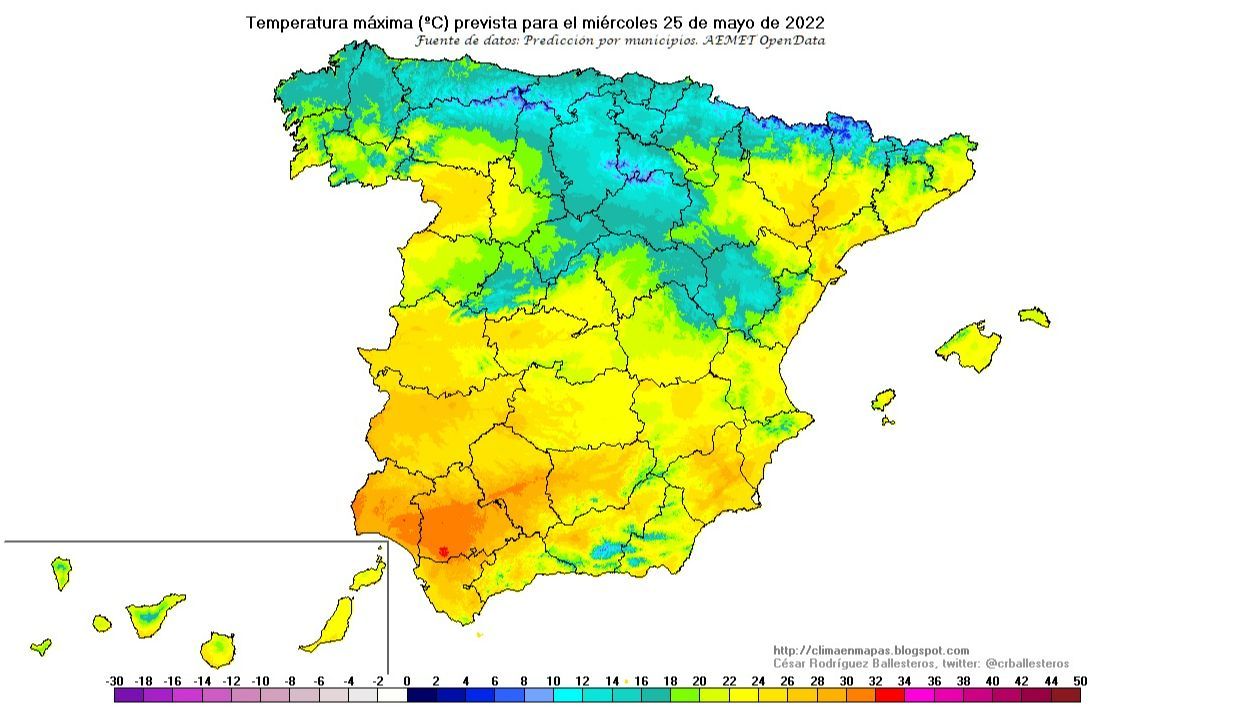 Temperaturas máximas previstas para el miércoles, 25 de mayo