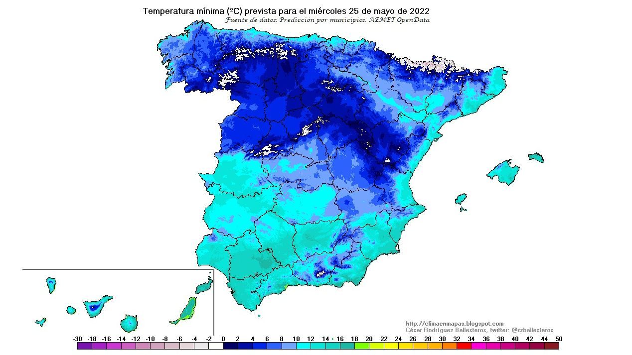 Temperaturas mínimas previstas para el miércoles, 25 de mayo
