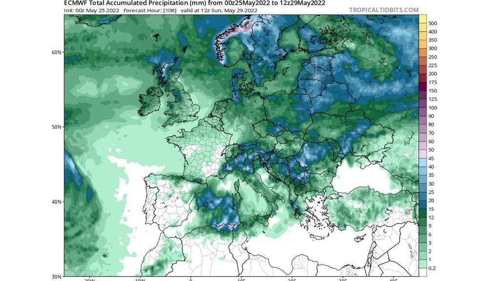 Precipitación prevista hasta el 29 de mayo 2022