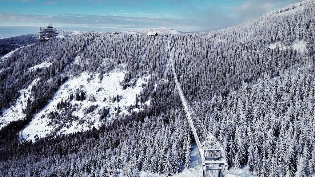Puente colgante en invierno en la República Checa