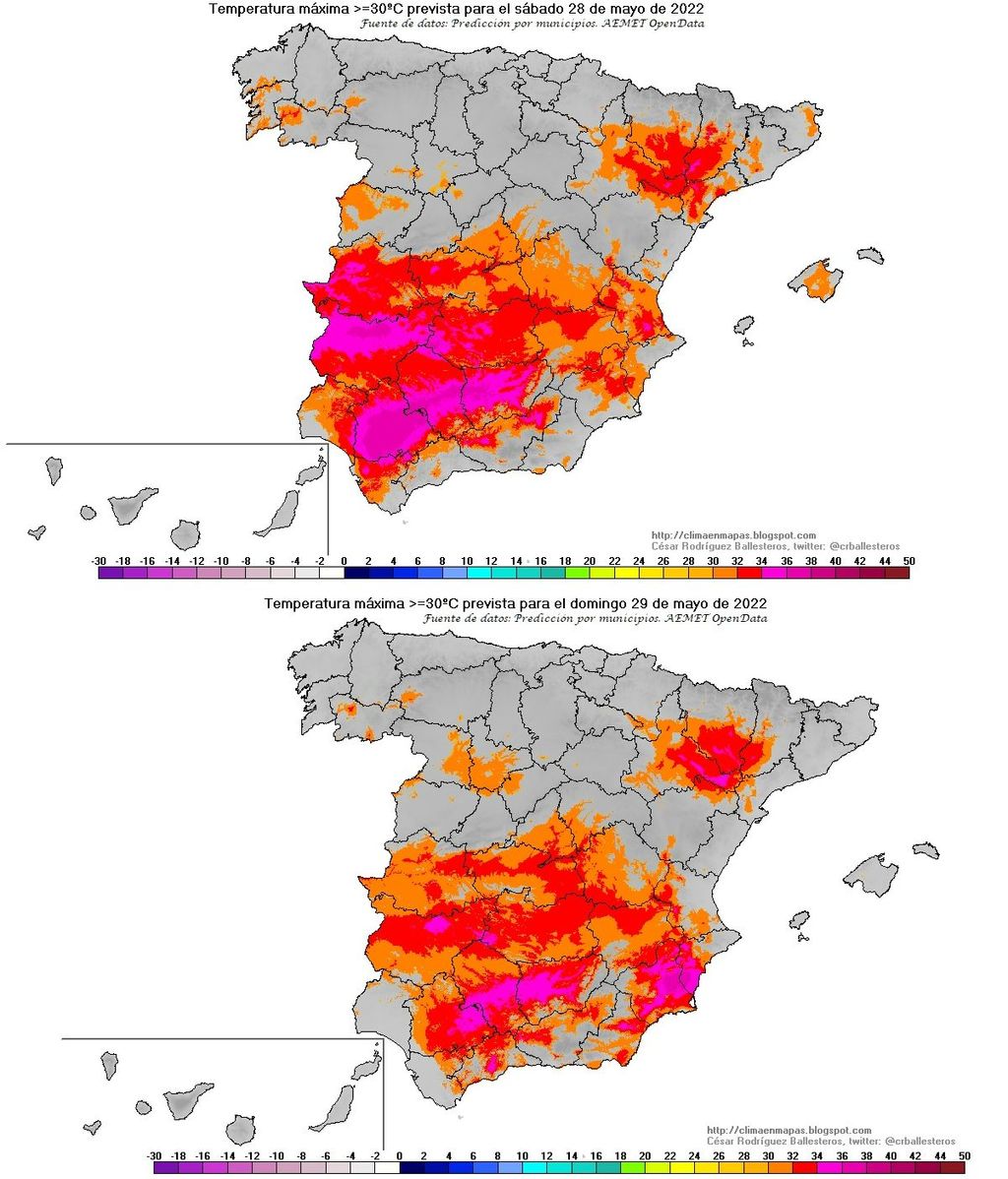 Temperaturas máximas 30º C o más previstas para el sábado 28 y domingo 29