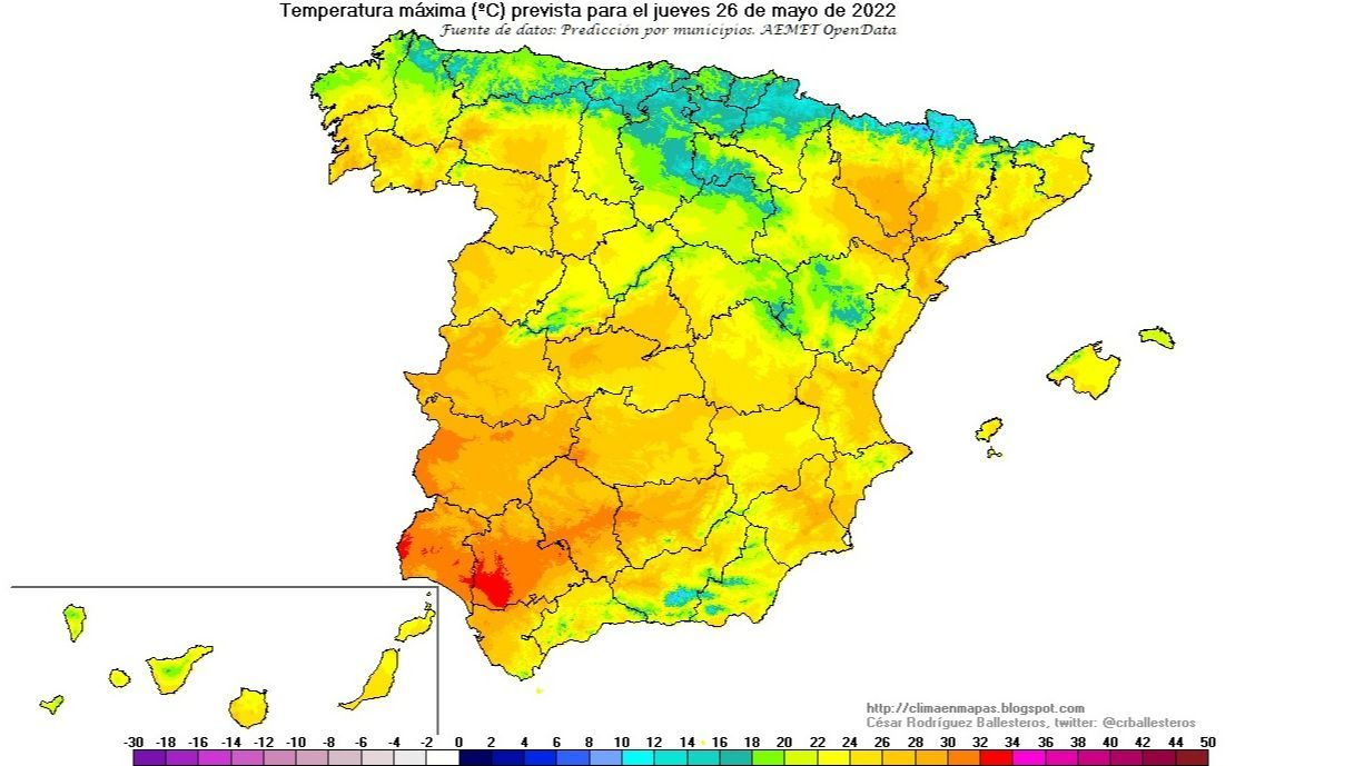 Temperaturas máximas previstas para el jueves, 26 de mayo