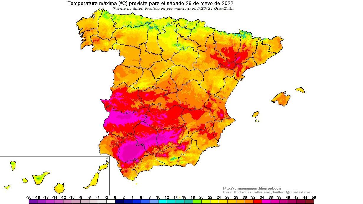 Temperaturas máximas previstas para el sábado 28 de mayo