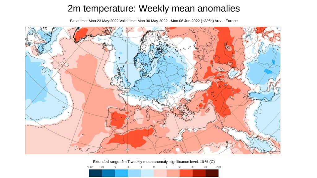 Anomalía de la temperatura media prevista para la semana que viene en España