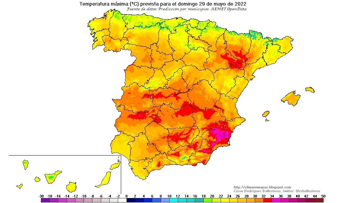 Temperaturas máximas previstas para el domingo, 29 de mayo