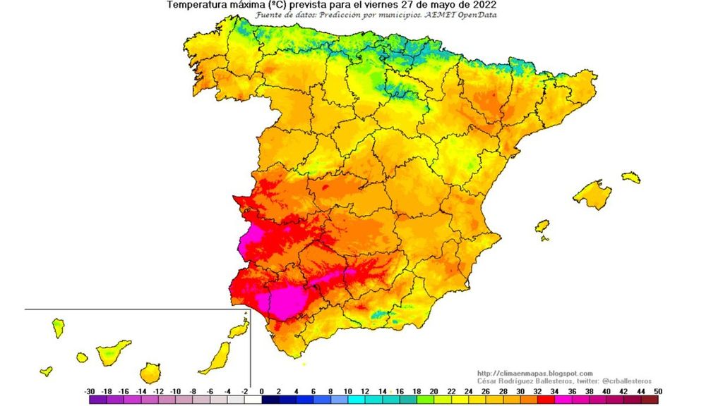 Temperaturas máximas previstas para el viernes, 27 de mayo