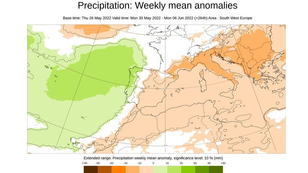Anomalía de la precipitación prevista para la semana del 30 de mayo al 5 d ejunio