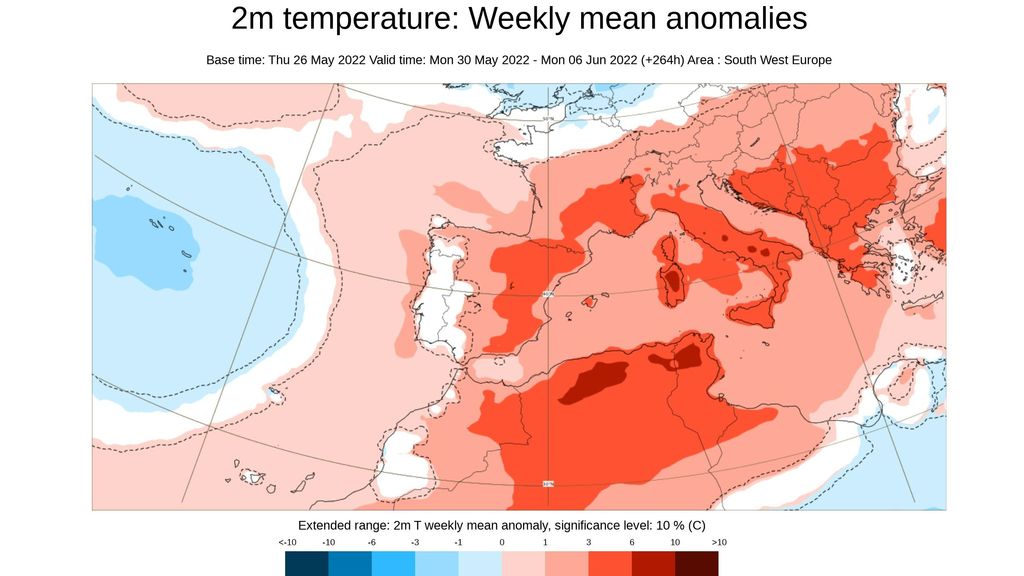 Anomalía de la temperatura prevista para le semana del 30 de mayo al 5 de junio