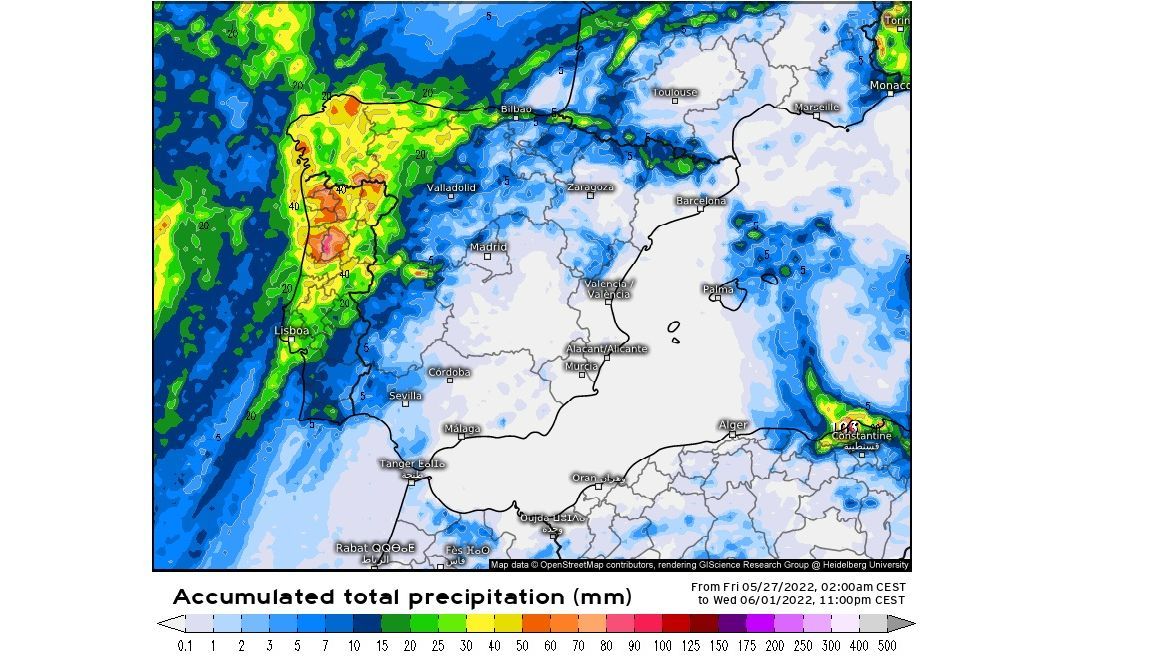 Precipitación prevista hasta el miércoles, 1 de junio 2022