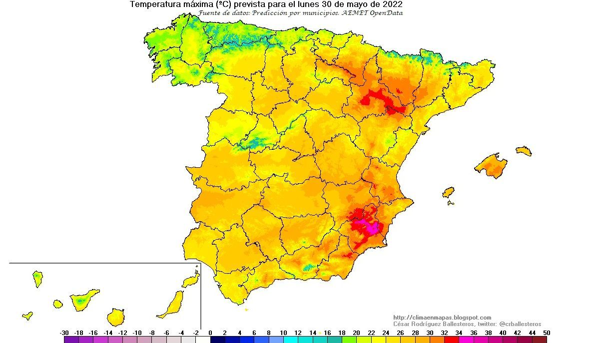 Temperaturas máximas previstas para el lunes, 30 de mayo