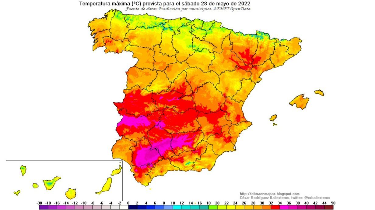 Temperaturas máximas previstas para el sábado 28 de mayo