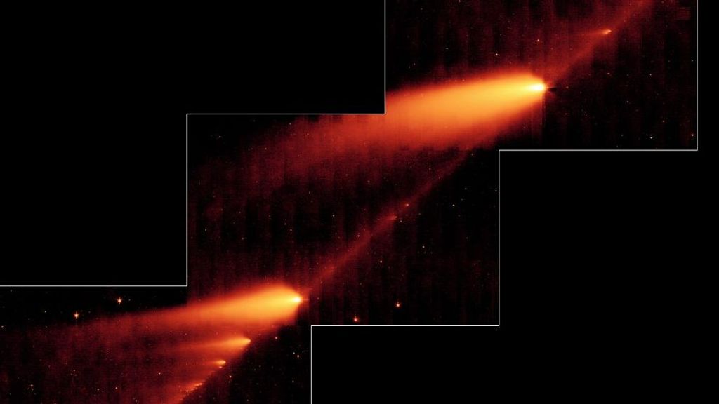 Cometa roto 73P/Schwassman-Wachmann 3 deslizándose a lo largo de un rastro de escombros dejados durante sus múltiples viajes alrededor del Sol