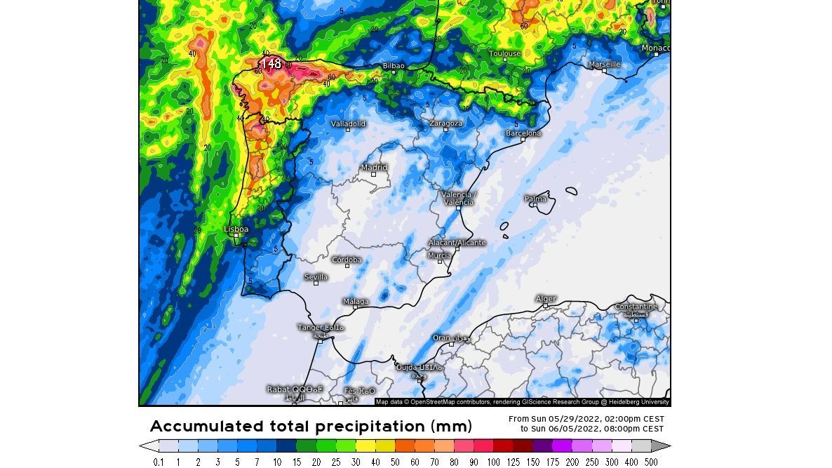 Precipitación prevista a lo largo de la semana en España