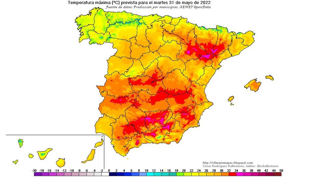 Temperaturas máximas previstas para el martes, 31