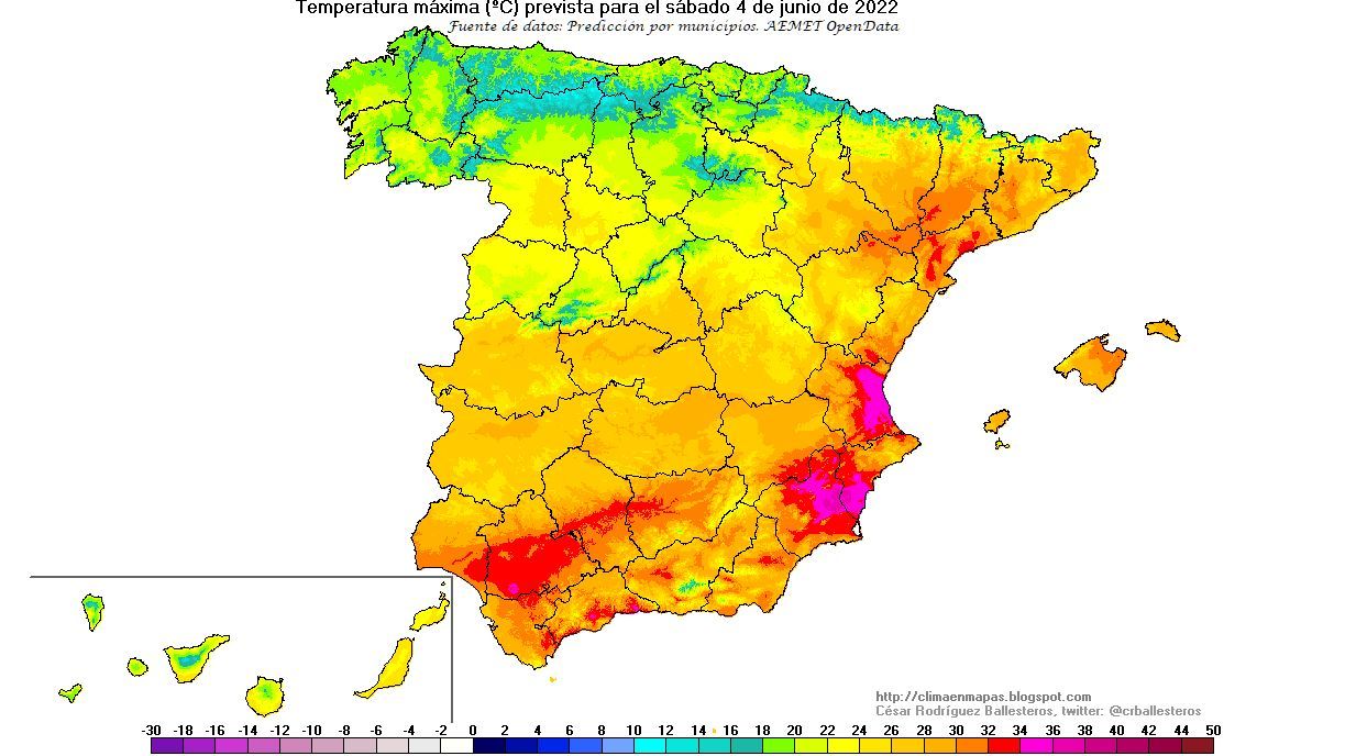 Temperaturas máximas previstas para el sábado 4 de junio