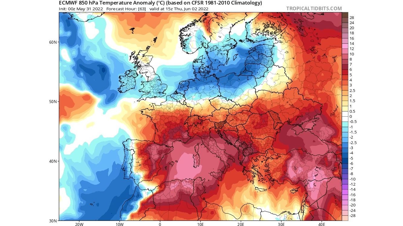 Anomalía de la temperatura prevista a 850 hPa