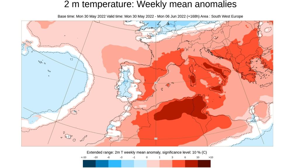Anomalía de las temperaturas para el conjunto de la semana
