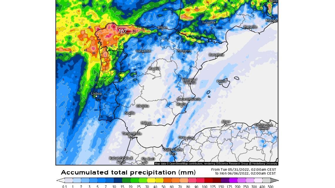 Precipitación prevista a lo largo de la semana