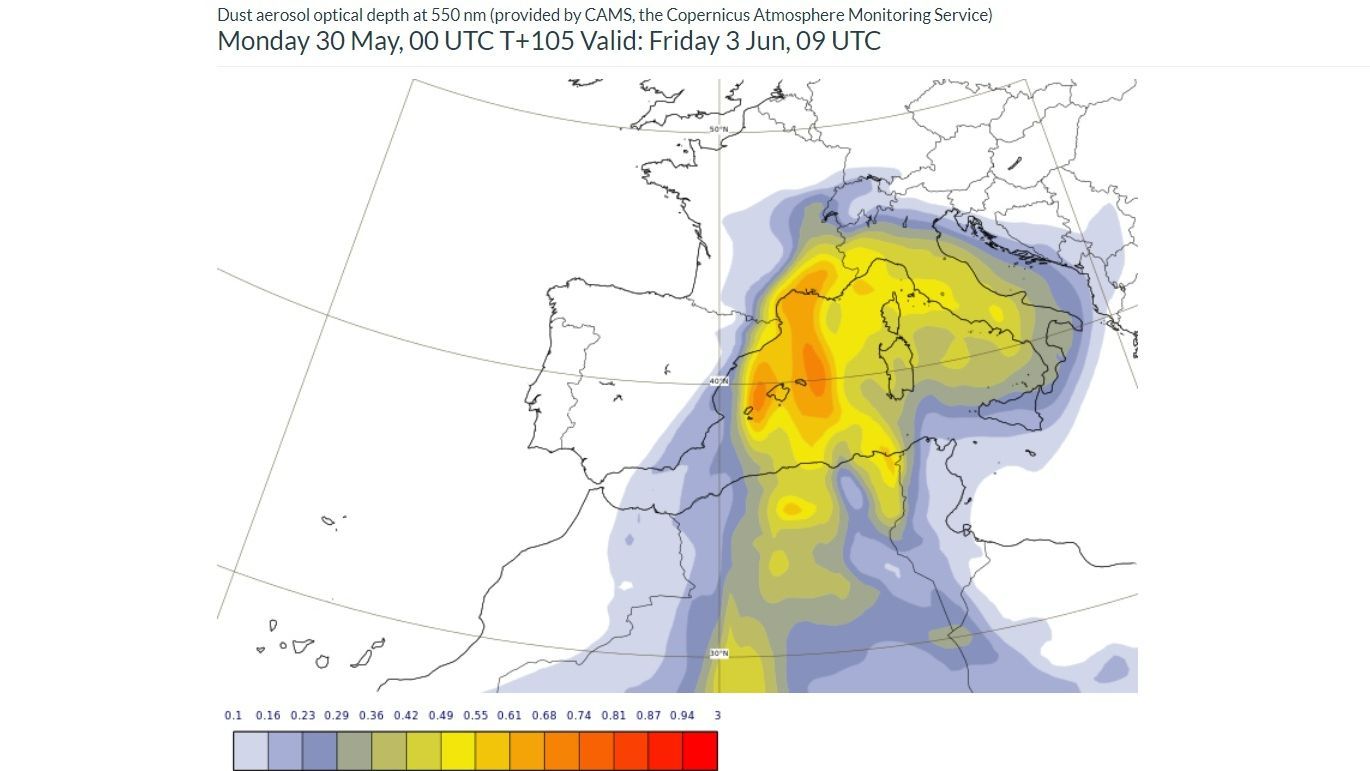 Previsión de polvo en suspensión para el viernes, 3 de junio