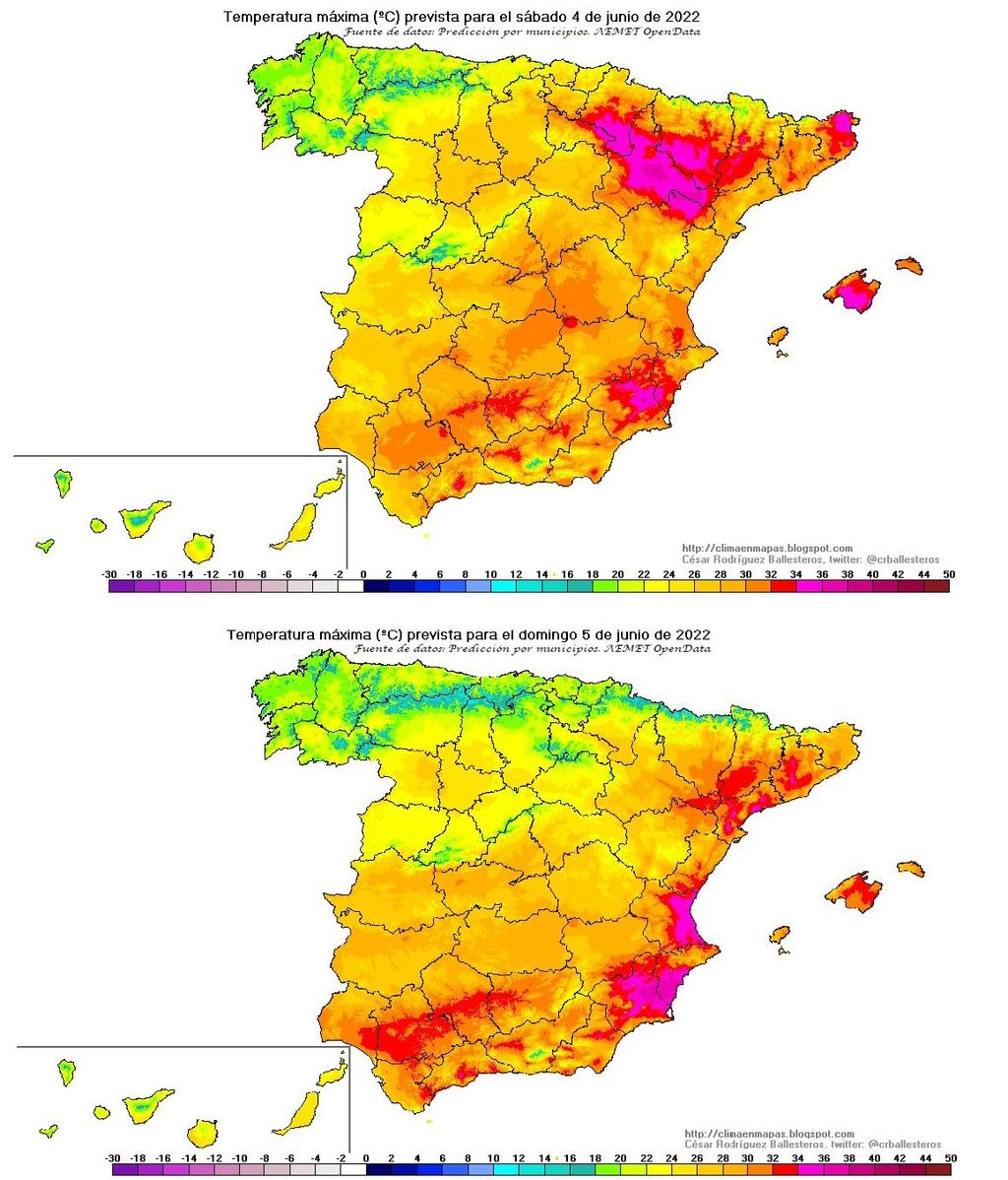 Temperaturas máximas previstas para el fin de semana en España
