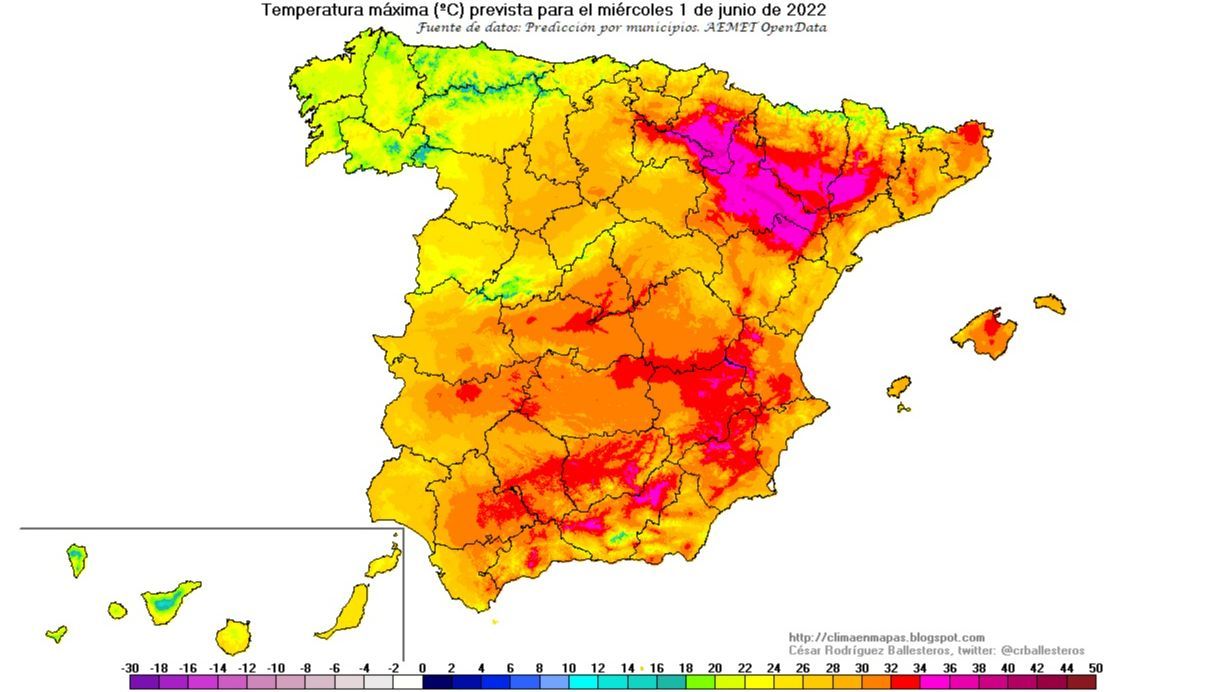 Temperaturas máximas previstas para el miércoles, 1 de junio 2022