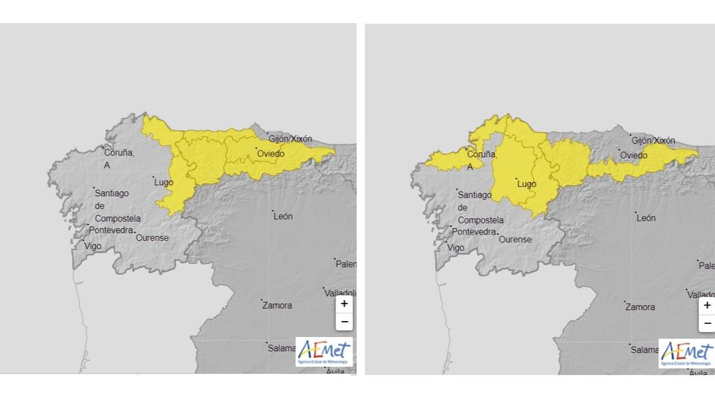 Avisos por lluvias y tormentas previstos para el miércoles (izda) y jueves (dcha)