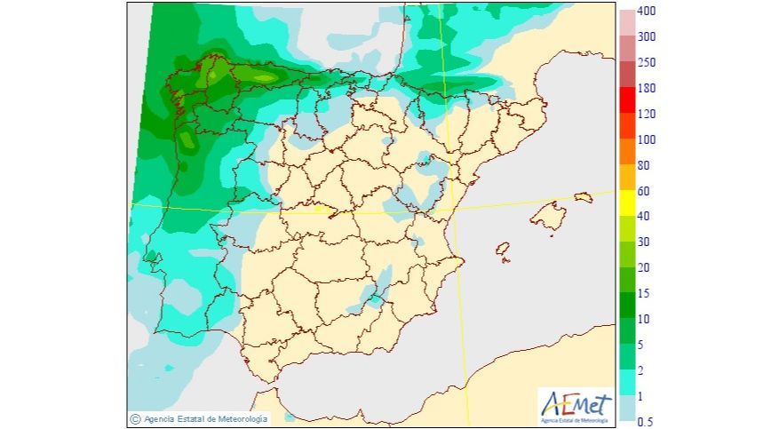 Precipitación media prevista el jueves 2 de junio en Península y Baleares