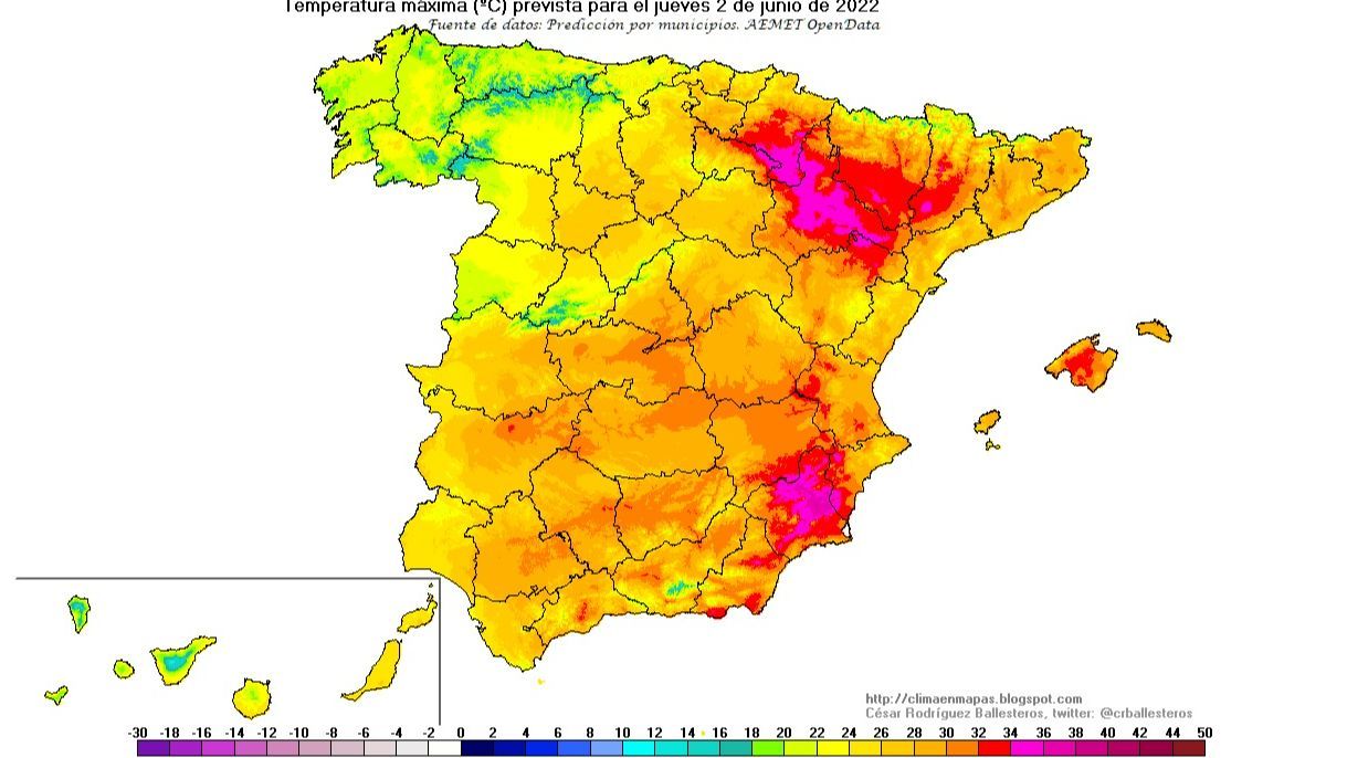 Temperaturas máximas previstas para el jueves, 2 de junio