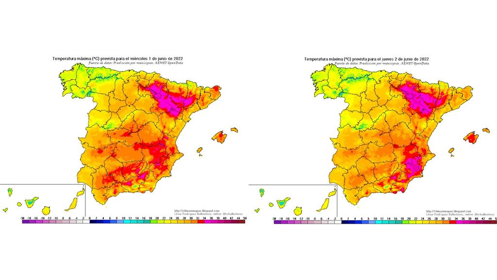 Temperaturas máximas previstas para el miércoles 1 y jueves 2 de junio