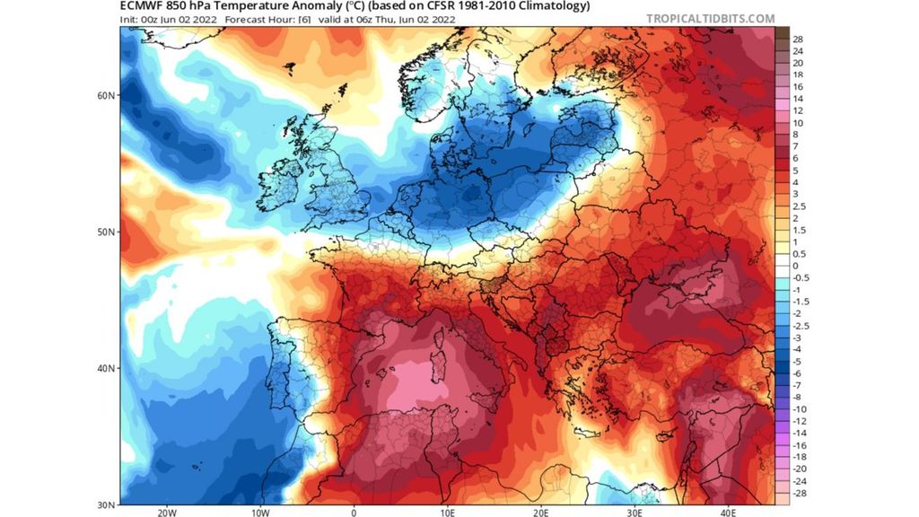 Anomalía a 850 hPa prevista el jueves 2 de junio