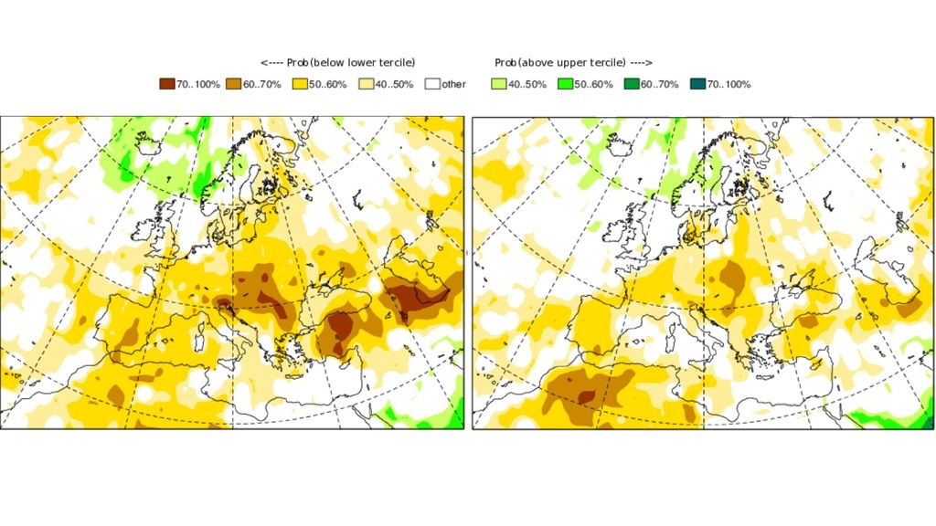 Anomalía de las precipitaciones previstas para junio (izda) y julio 2022 (dcha)