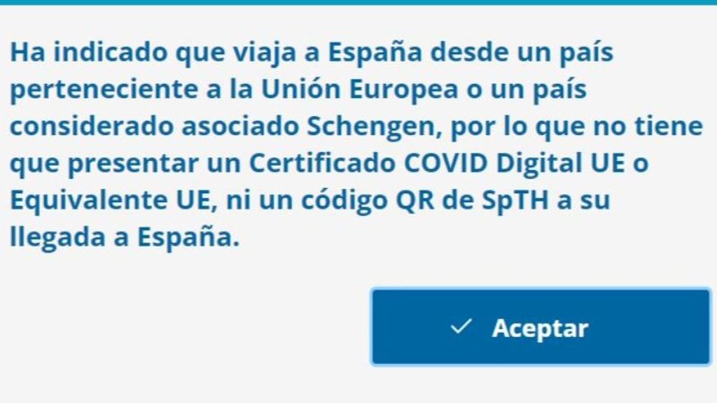 Mensaje que aparece en la APP para tramitar un viaje a España
