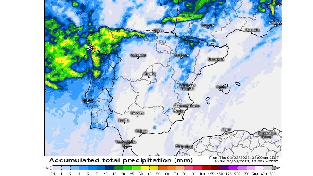 Precipitación prevista el jueves y viernes en España