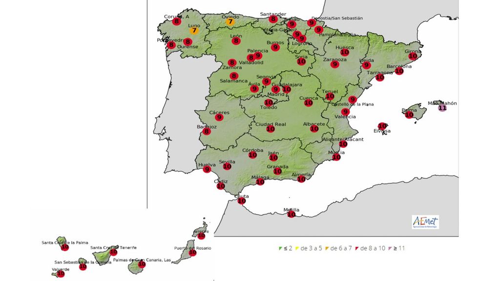 Predicción de Índice de radiación UV máximo en condiciones de cielo despejado para el día 4 junio