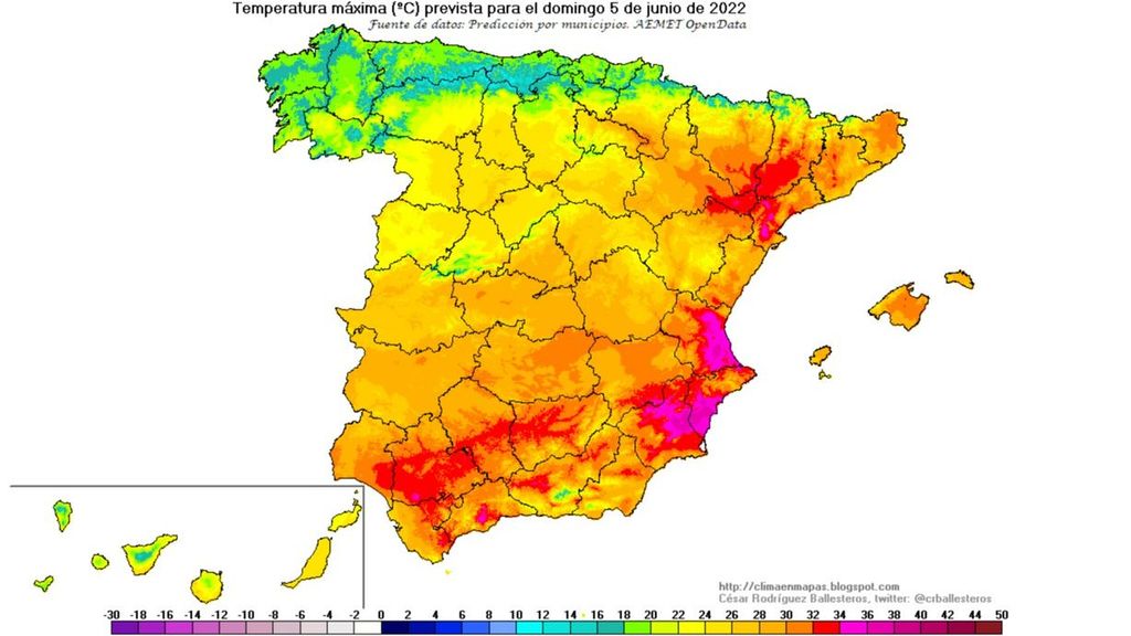 Temperaturas máximas previstas para el domingo 5 de junio